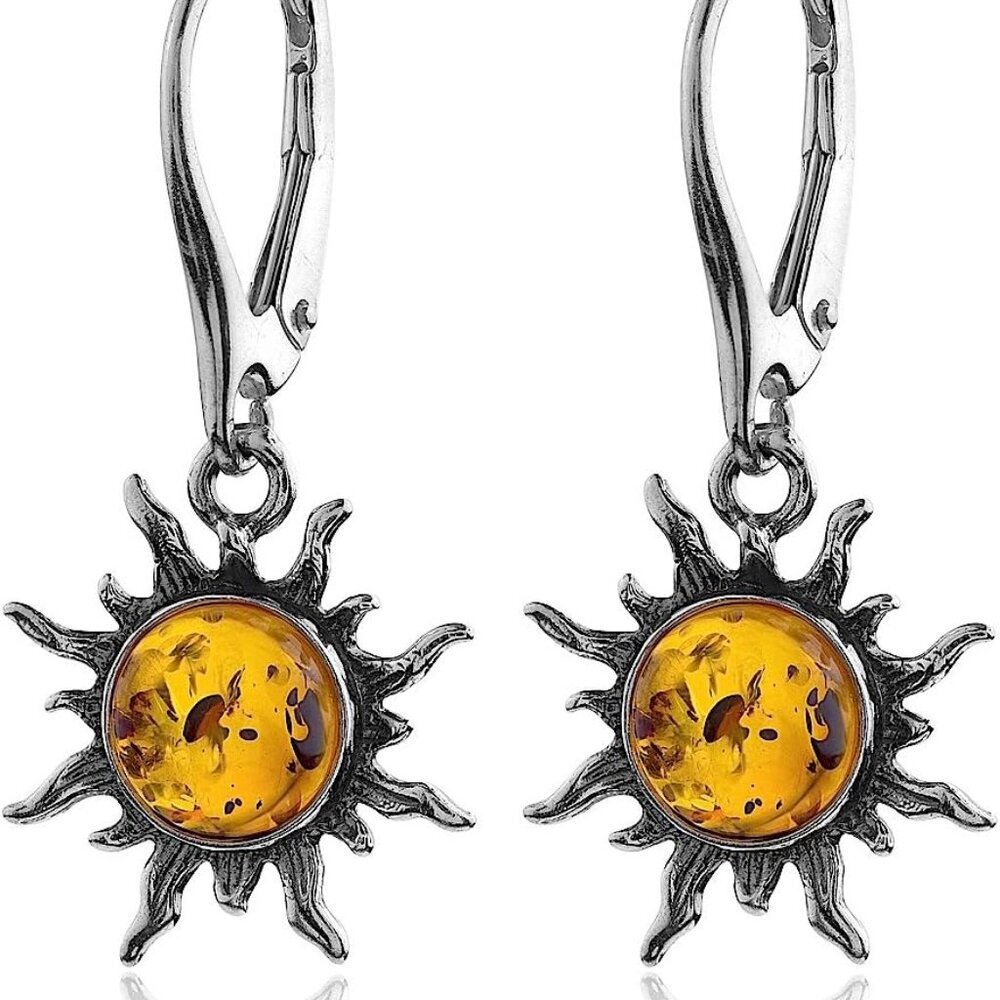 Amber Sterling Silver Flaming Sun Leverback Earrings